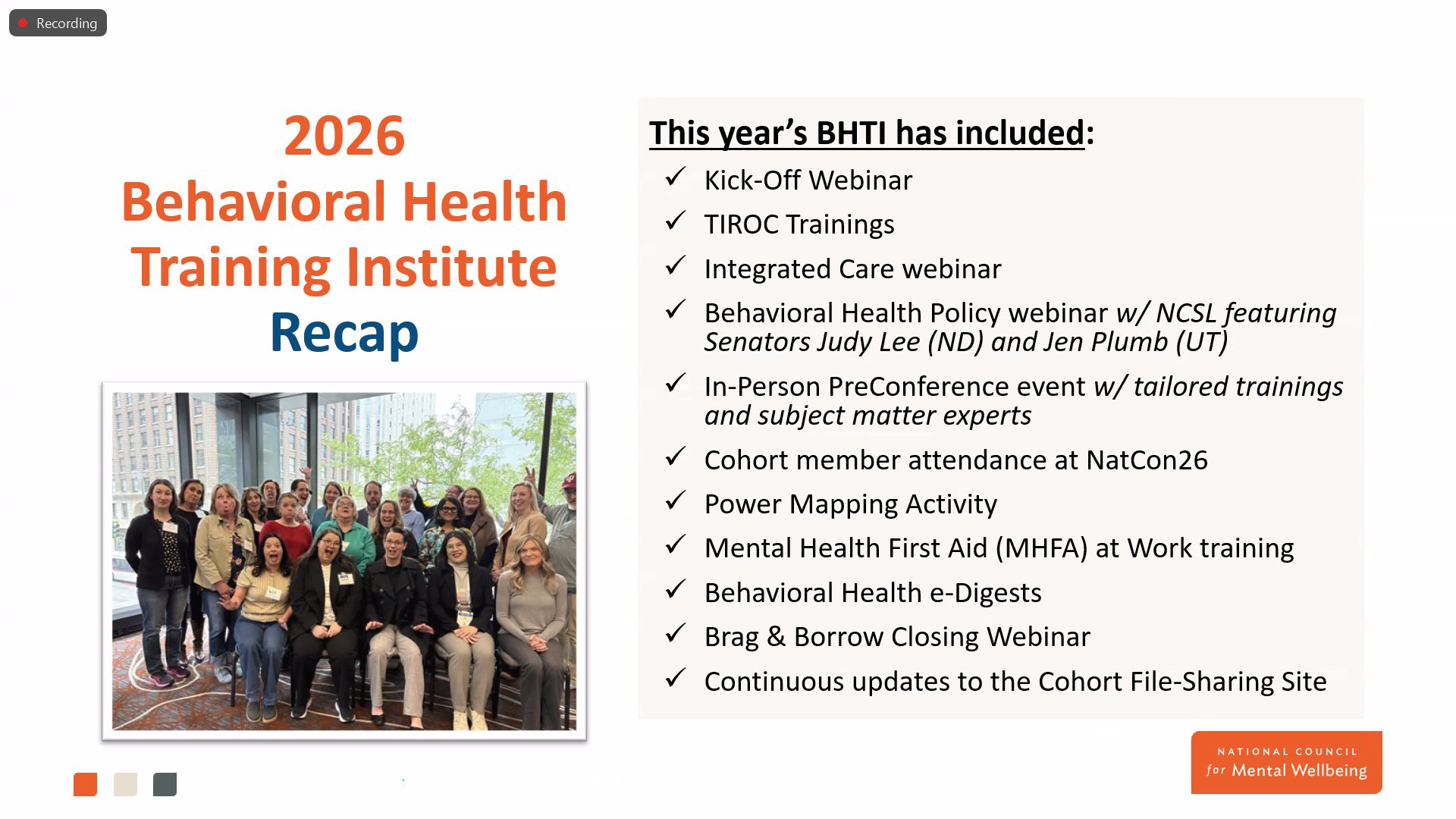 Screenshot of presentation slide recapping the 2026 Behavioral Health Training Institute